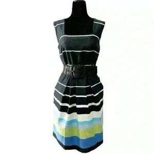 Dorothy Perkins Sheath Dress Sleeveless Black White Green Blue Stripes Size  14